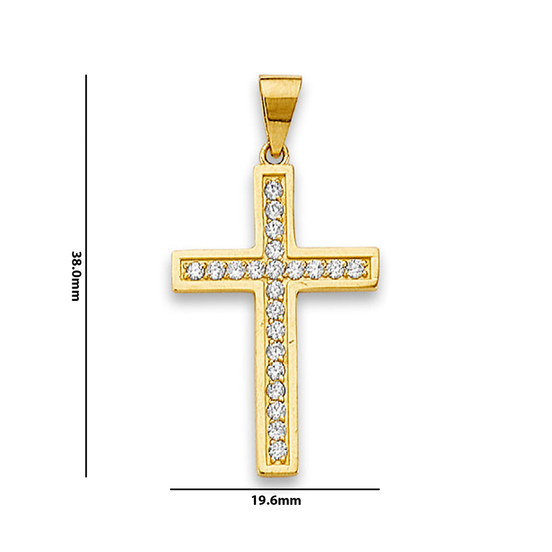 Yellow Gold Linear Round CZ Cross Religious Pendant  with Measurement