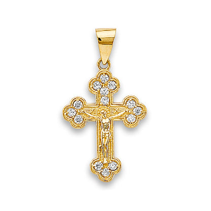 Yellow Gold Round CZ Greek Orthodox Cross Pendant