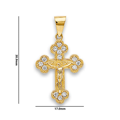 Yellow Gold Round CZ Greek Orthodox Cross Pendant with Measurement