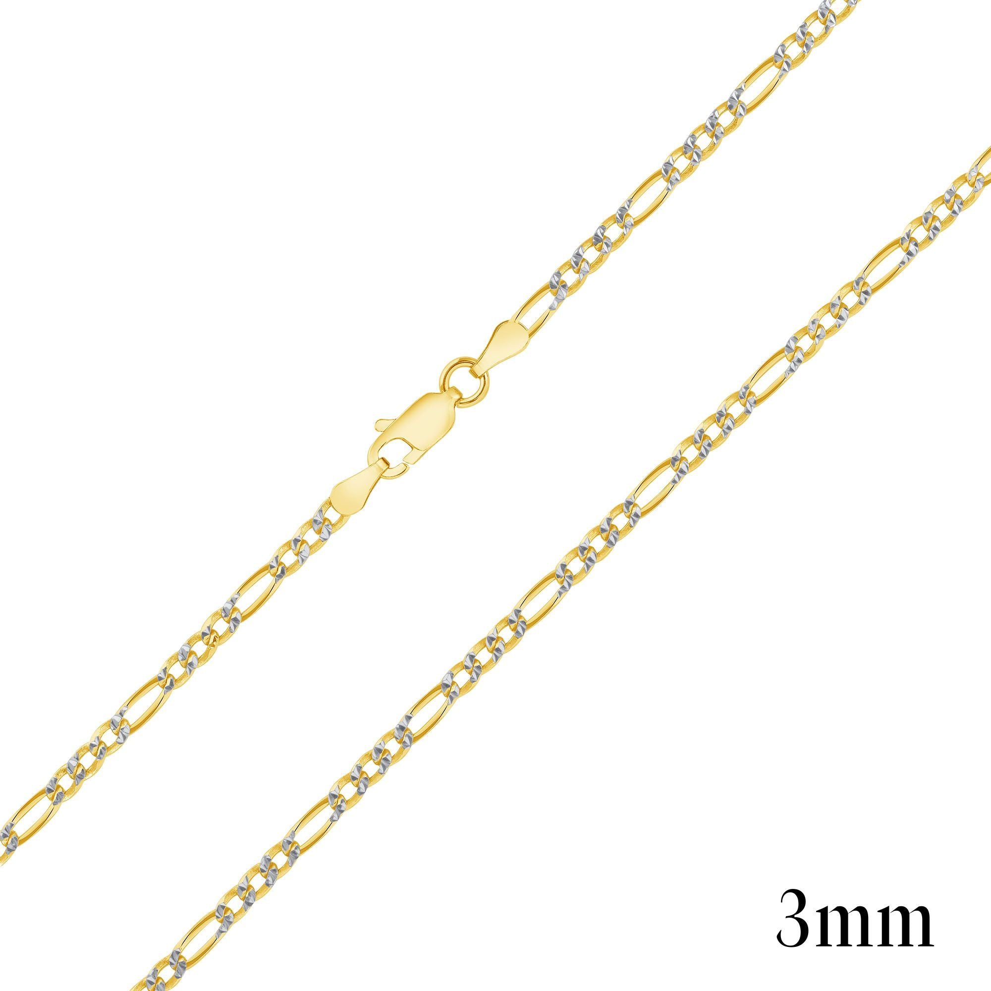 925 Sterling Silver Gold Plated Two-Tone Pavé 3mm Figaro Chain