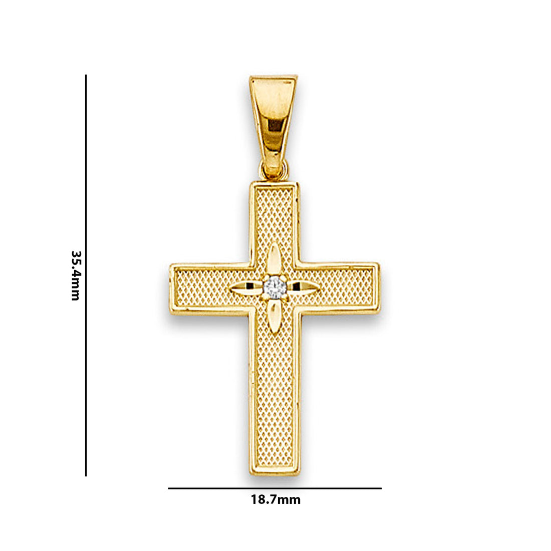 Yellow Gold Round CZ Shimmering Christian Cross Pendant with Measurement