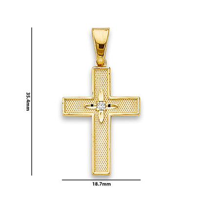 Yellow Gold Round CZ Shimmering Christian Cross Pendant with Measurement