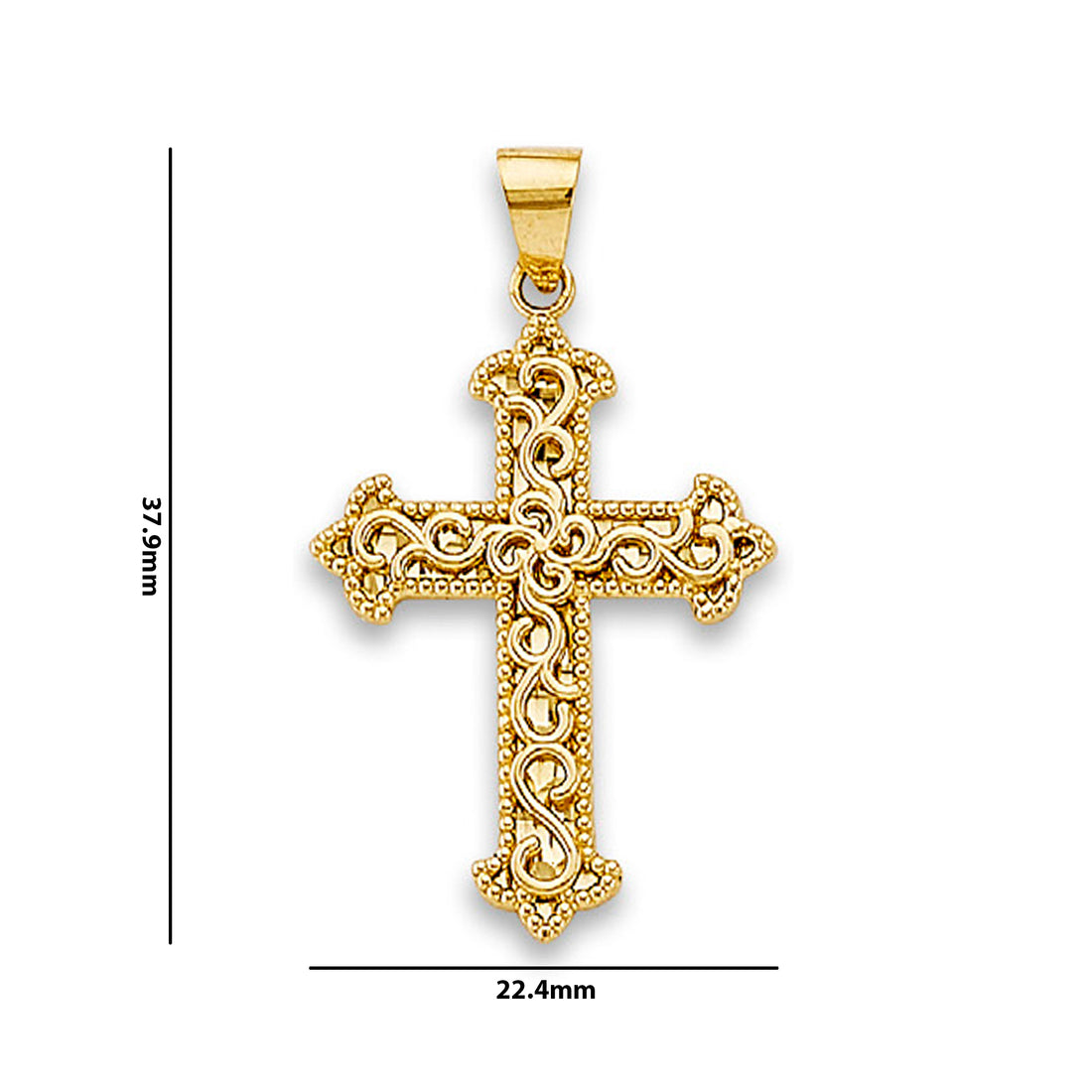 Yellow Gold Fancy Designer Filigree Cross Pendant  with Measurement