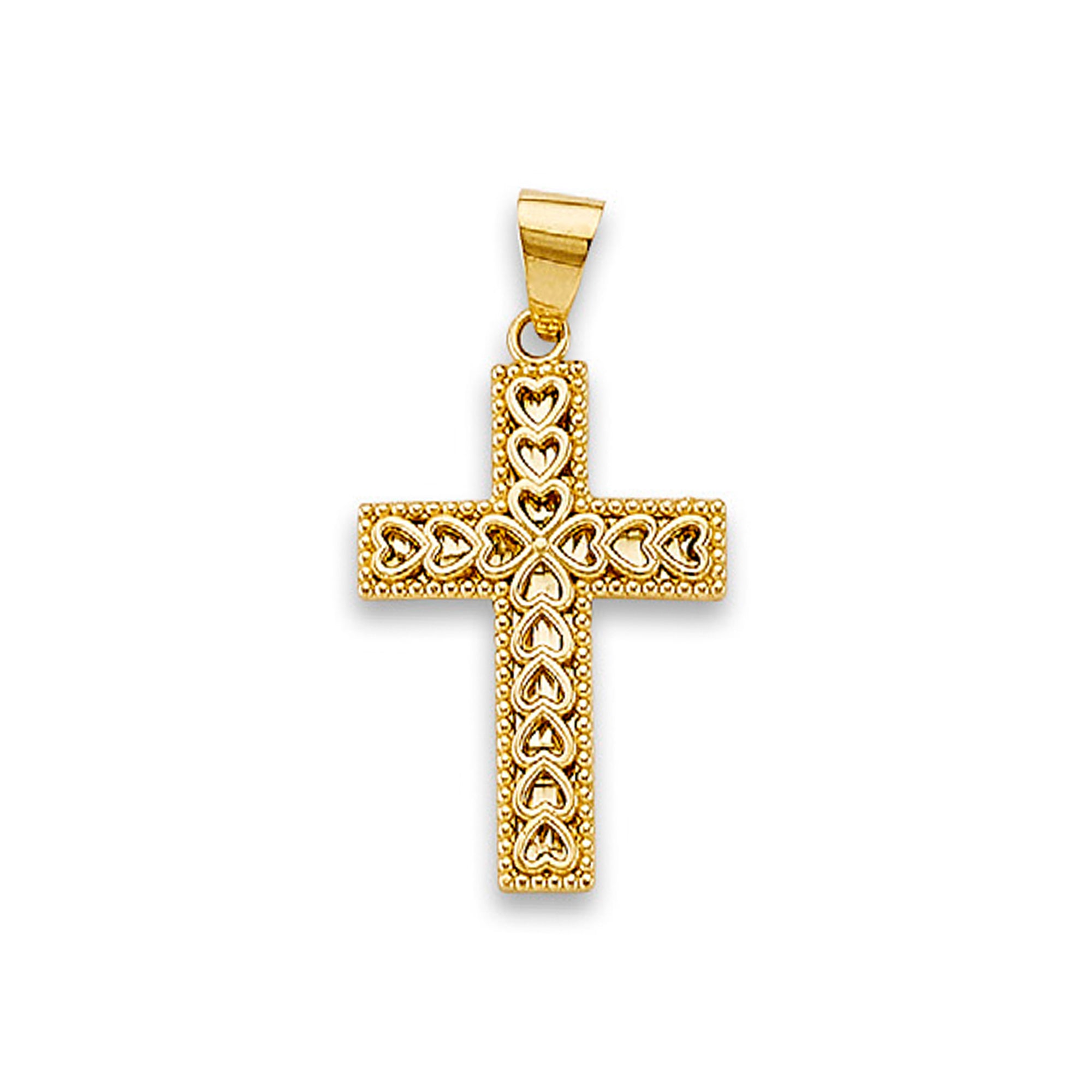 Yellow Gold Heart Textured Cross Filigree Pendant 