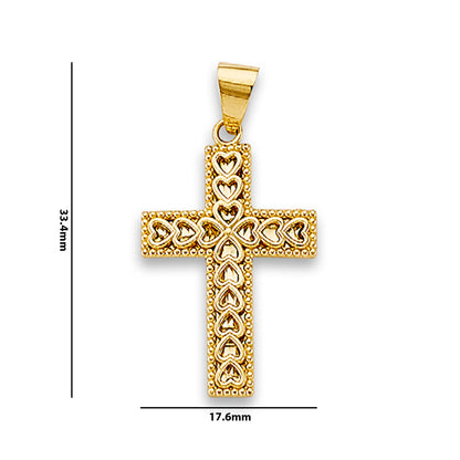 Yellow Gold Heart Textured Cross Filigree Pendant  with Measurement