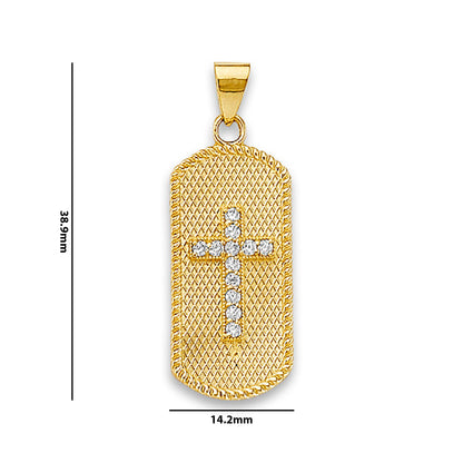 Yellow Gold Dot-textured Cross Dog Tag Pendant with Measurement