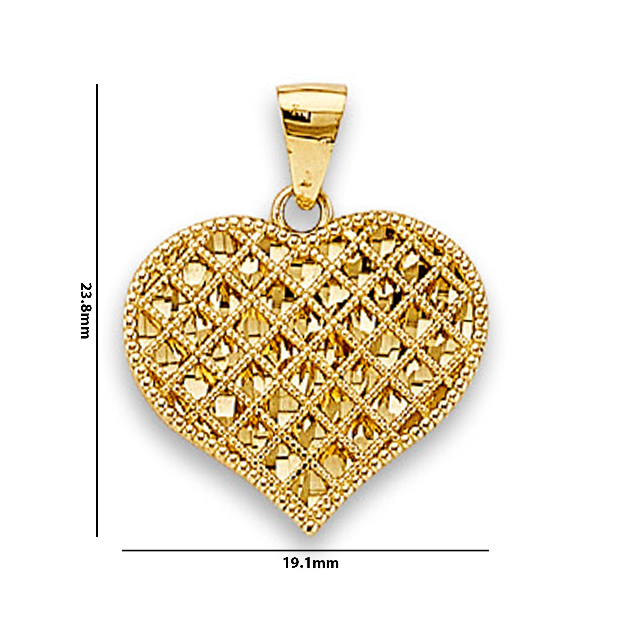 Yellow Gold Aesthetic Rope Frame Filigree Heart Pendant with Measurement