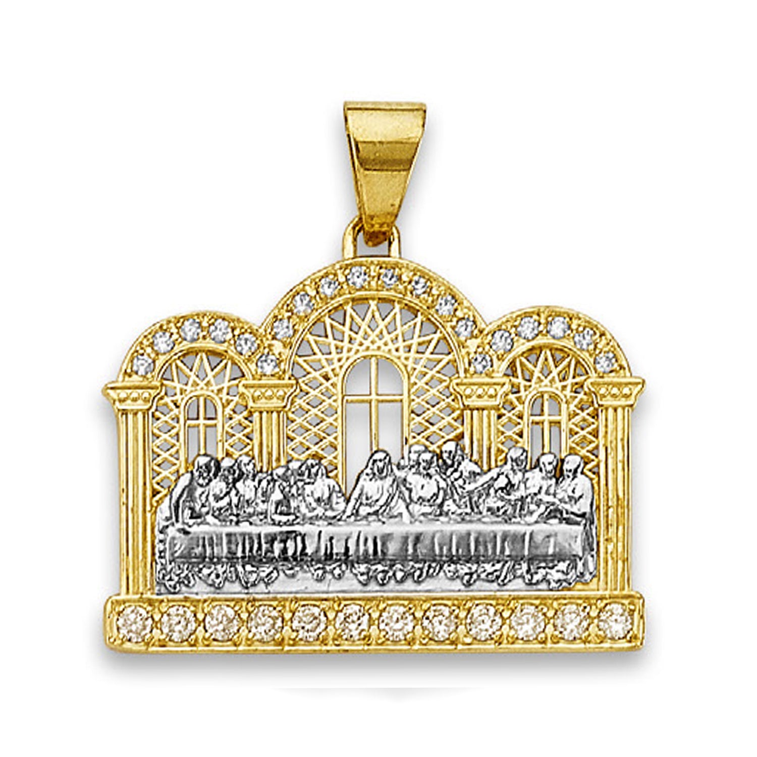 Two Tone Gold Round CZ The Last Supper Lattice Religious Pendant