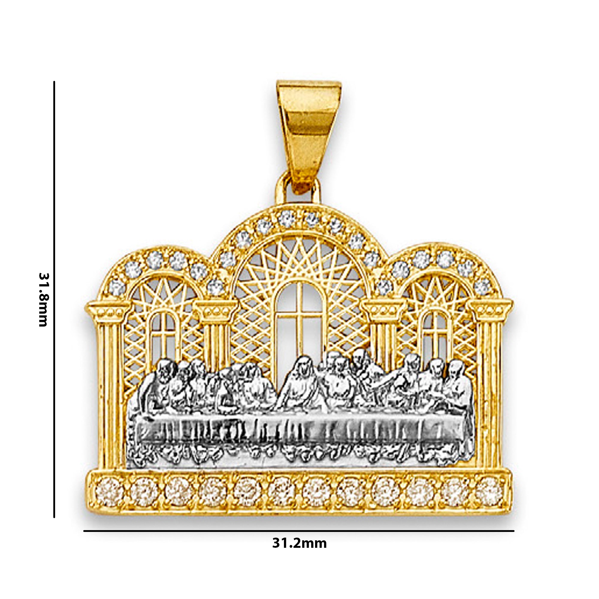 Two Tone Gold Round CZ The Last Supper Lattice Religious Pendant with Measurement