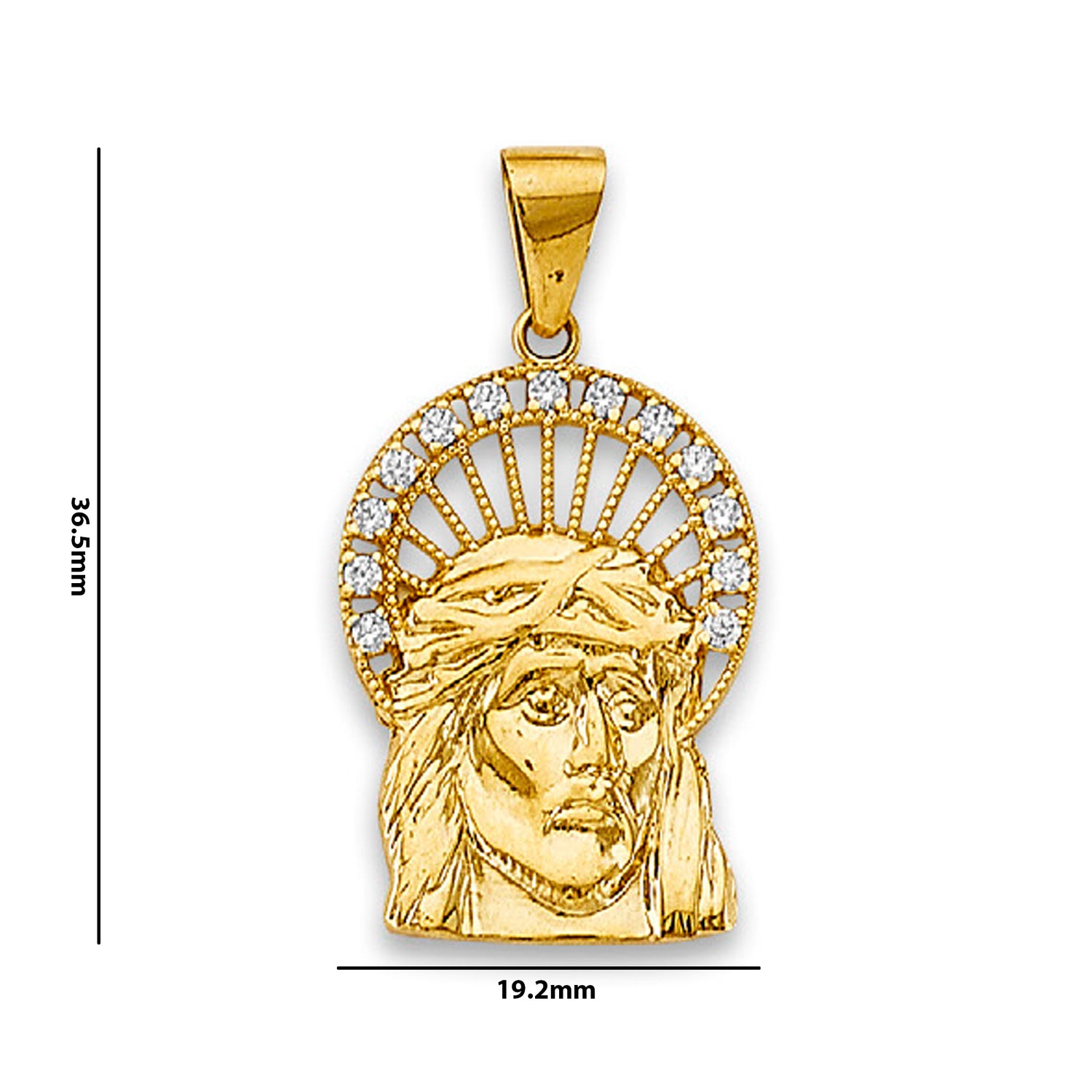 Yellow Gold Round CZ Crown Jesus Charm Pendant with Measurement