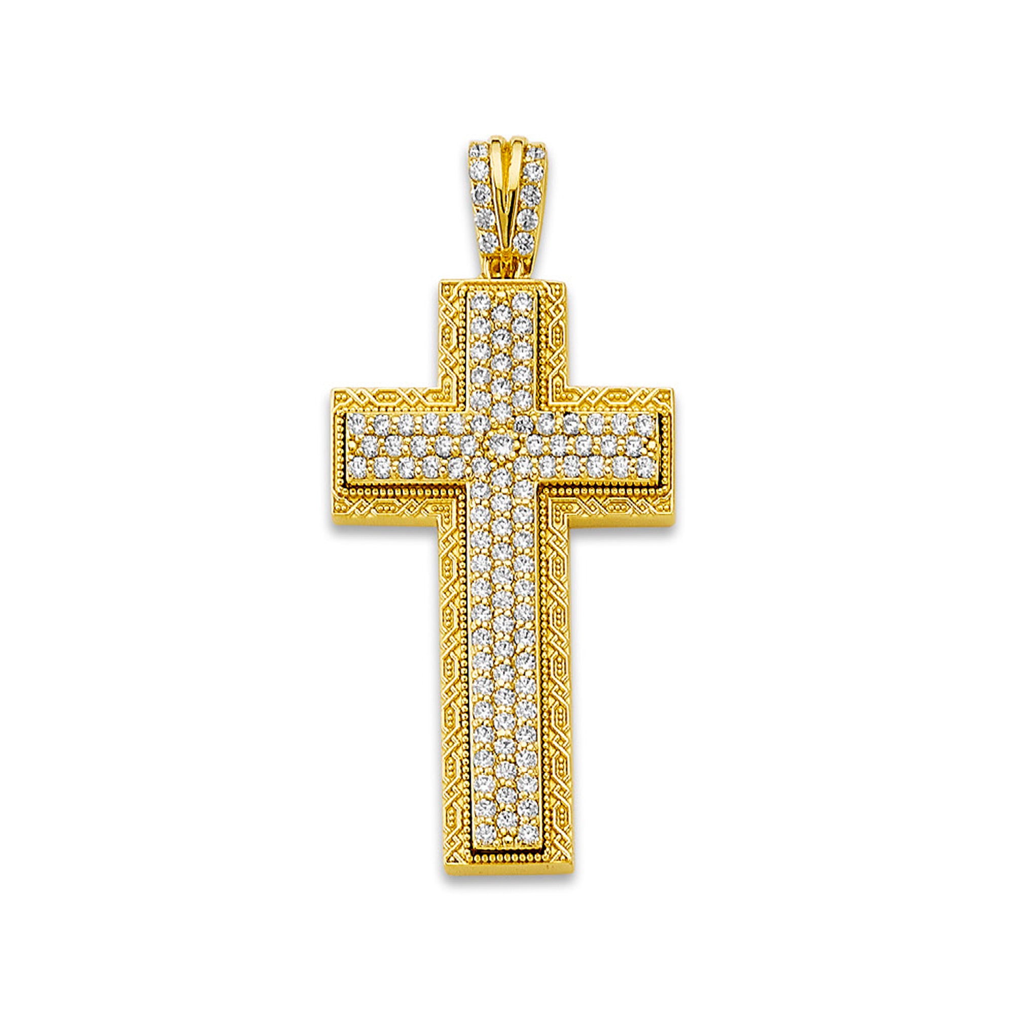 Yellow Gold Milgrain &amp; Filigree Bordered Raised CZ Studded Cross Pendant