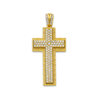 Yellow Gold Milgrain &amp; Filigree Bordered Raised CZ Studded Cross Pendant