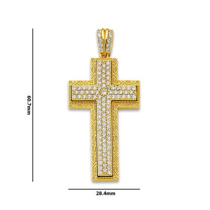 Yellow Gold Milgrain &amp; Filigree Bordered Raised CZ Studded Cross Pendant with Measurement