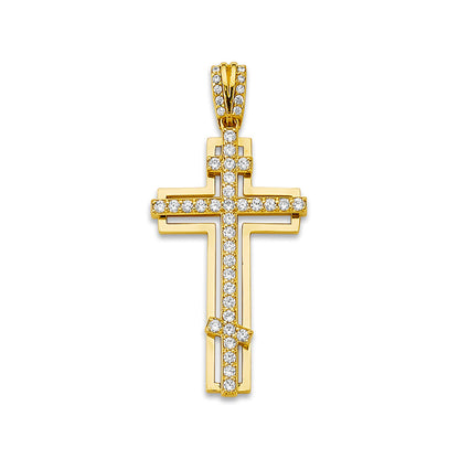 Yellow Gold CZ Studded Orthodox Cross on Outline Latin Cross Pendant