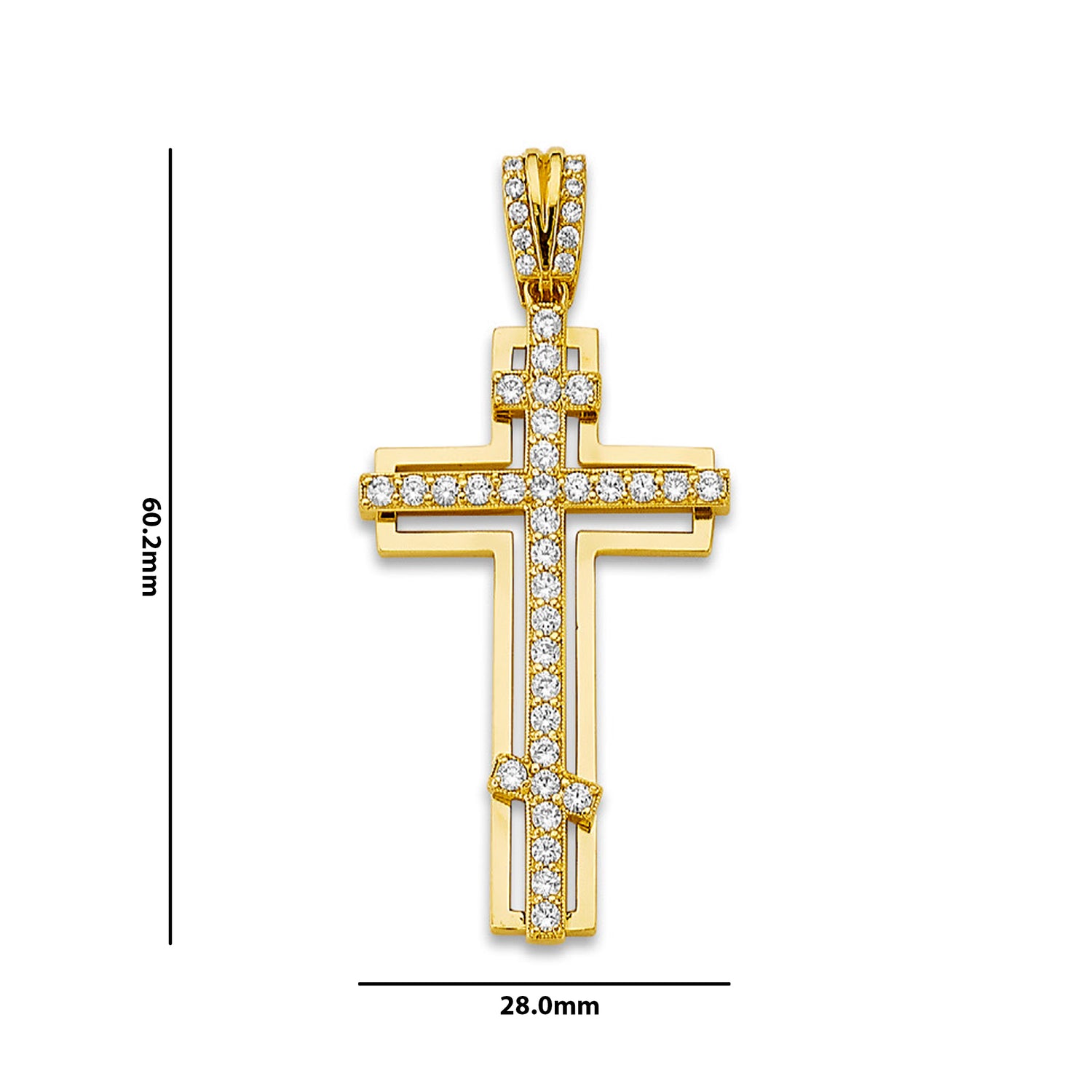 Yellow Gold CZ Studded Orthodox Cross on Outline Latin Cross Pendant with Measurement