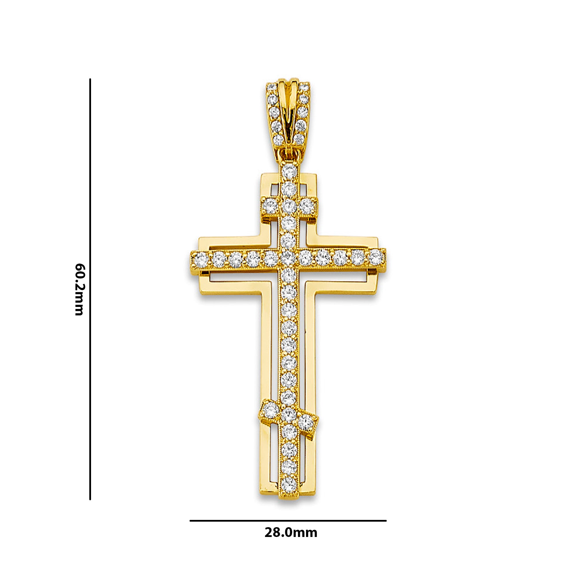 Yellow Gold CZ Studded Orthodox Cross on Outline Latin Cross Pendant with Measurement