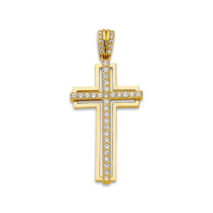 Yellow Gold CZ Studded Cross on Outline Cross Pendant
