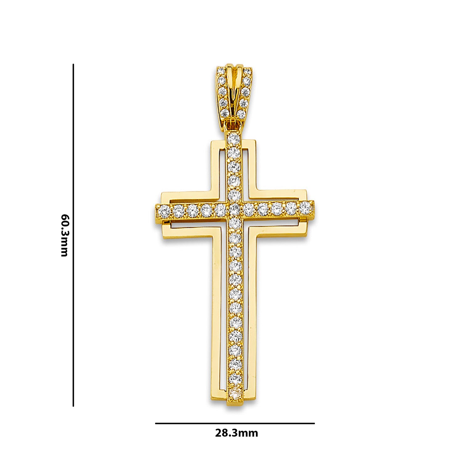Yellow Gold CZ Studded Cross on Outline Cross Pendant with Measurement