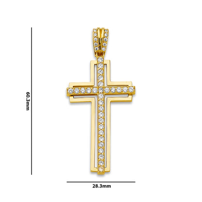 Yellow Gold CZ Studded Cross on Outline Cross Pendant with Measurement
