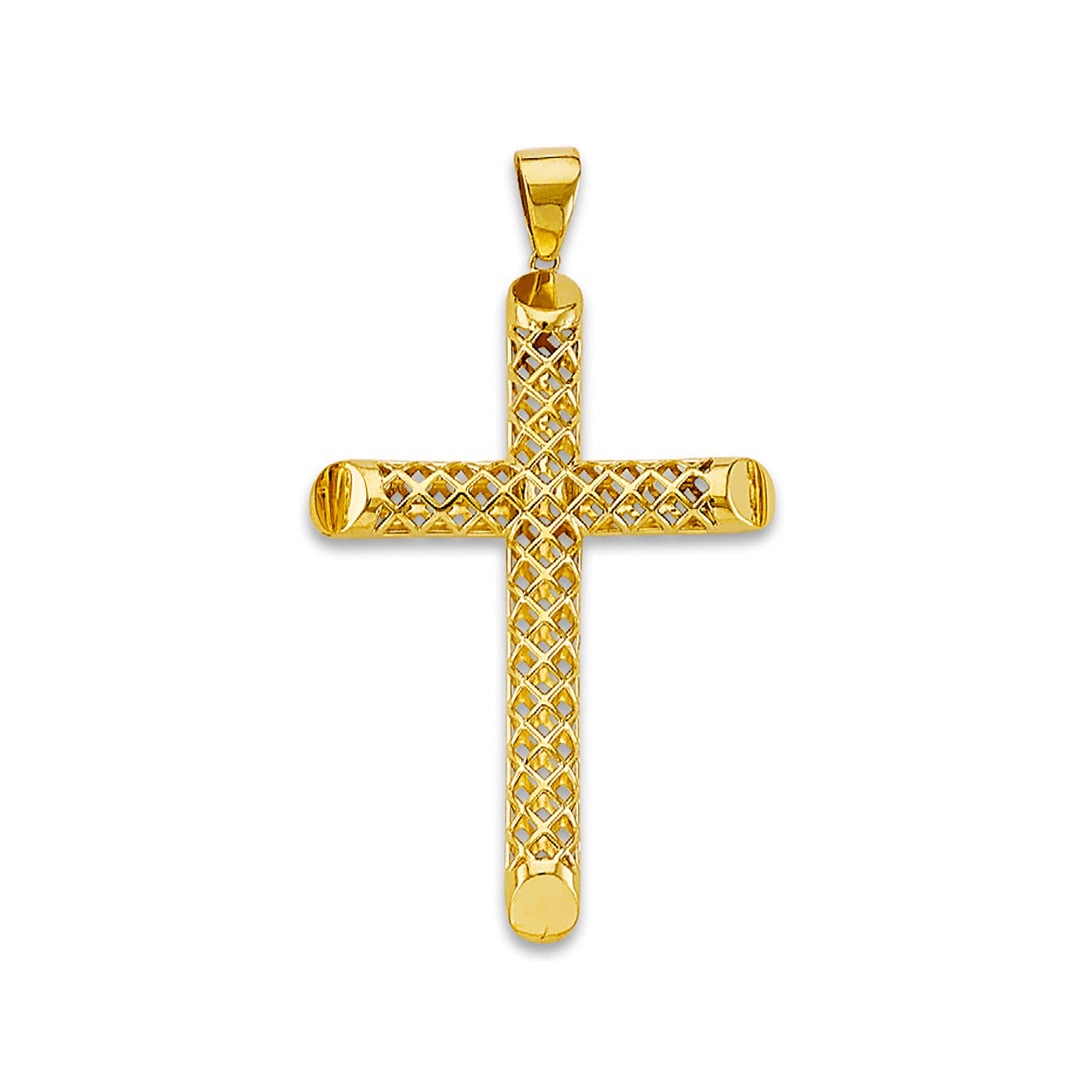 Yellow Gold Hollow 3D Lattice Cross Pendant