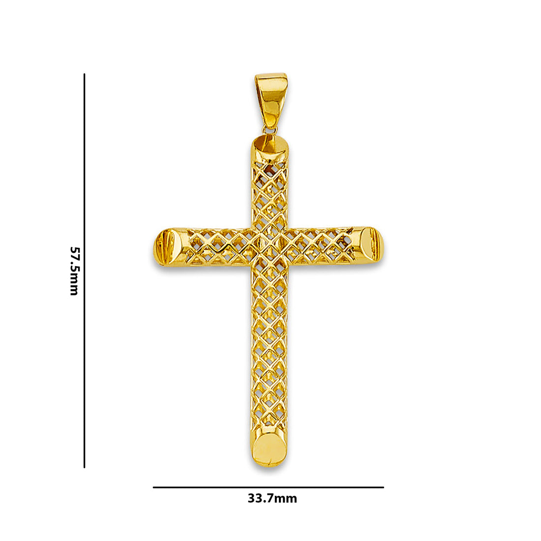 Yellow Gold Hollow 3D Lattice Cross Pendant with Measurement