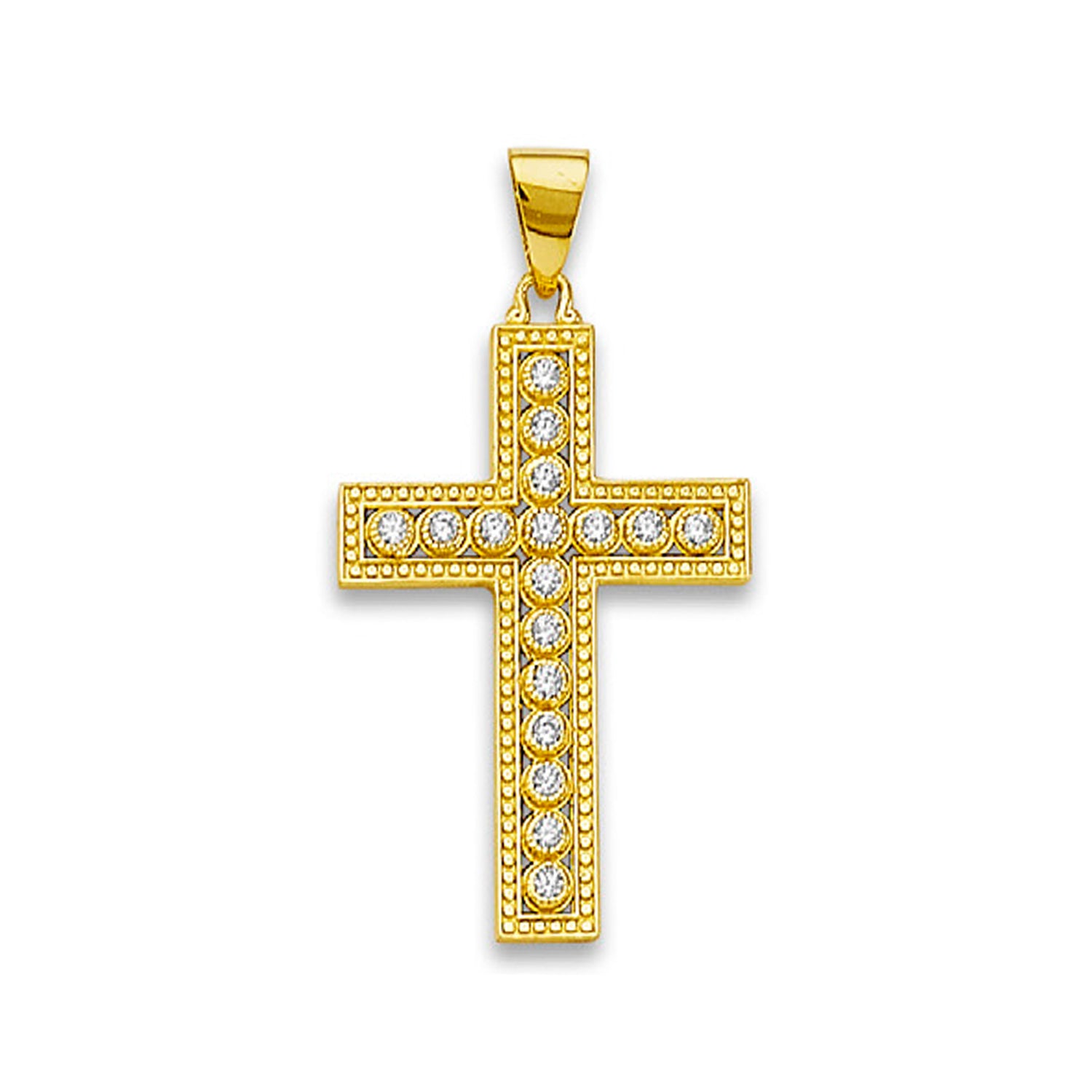 Yellow Gold Round Cut CZ Milgrain Bordered Cross Pendant