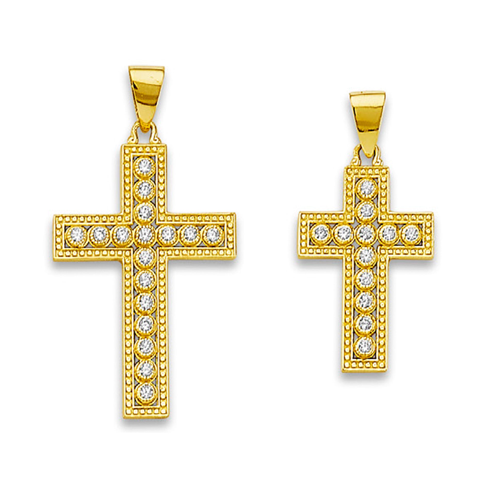 Yellow Gold Round Cut CZ Milgrain Bordered Cross Pendant