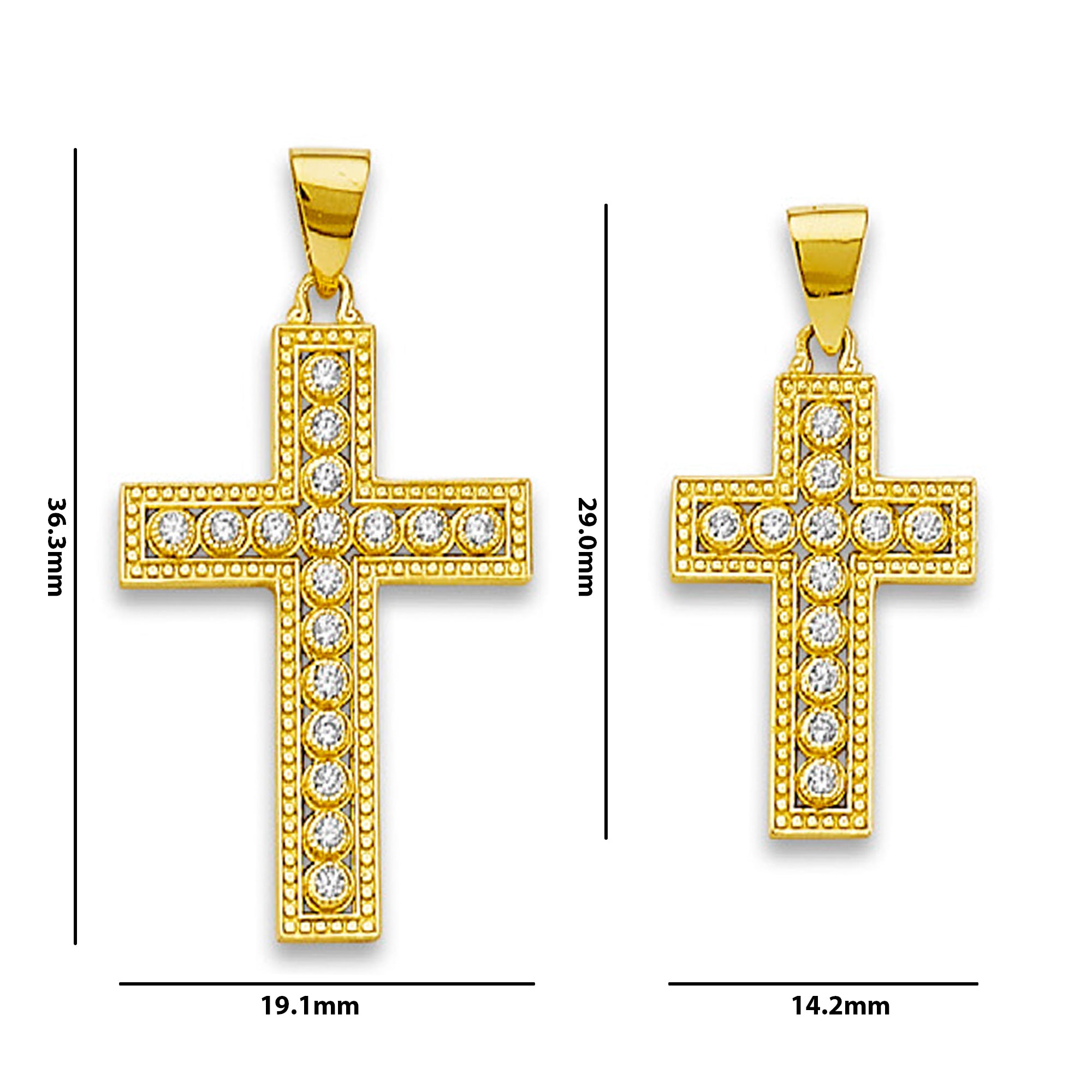 Yellow Gold Round Cut CZ Milgrain Bordered Cross Pendant