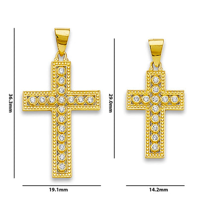 Yellow Gold Round Cut CZ Milgrain Bordered Cross Pendant