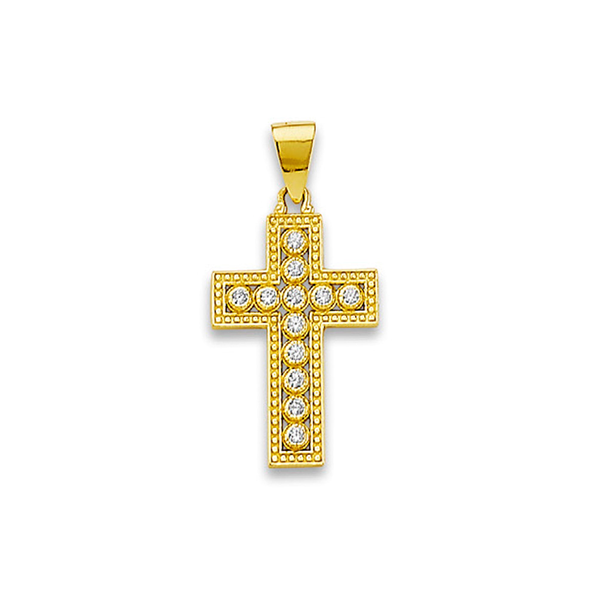 Yellow Gold Round Cut CZ Milgrain Bordered Cross Pendant