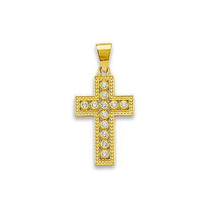 Yellow Gold Round Cut CZ Milgrain Bordered Cross Pendant