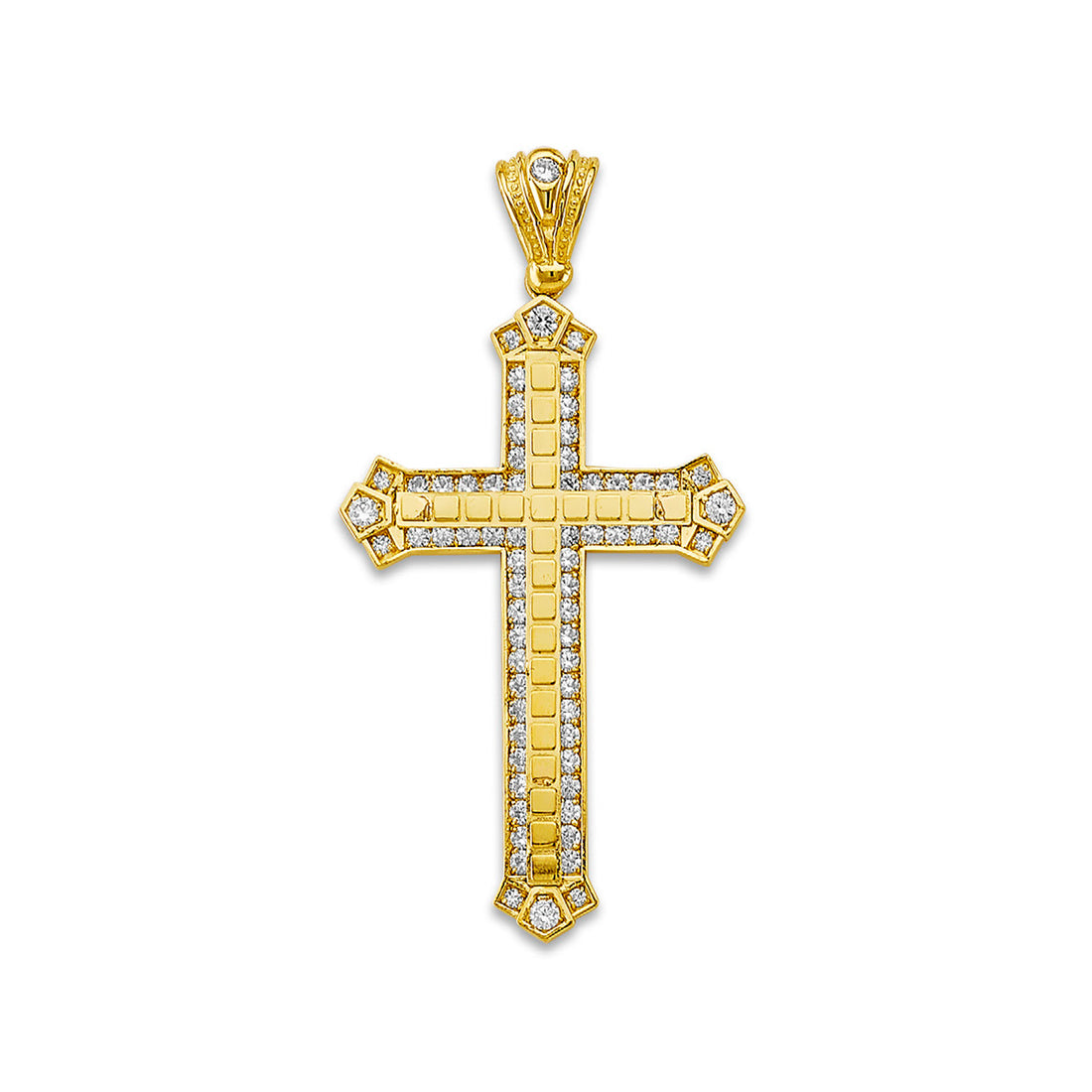 Yellow Gold CZ Bordered Square Lined Pattern Patonce Cross Pendant