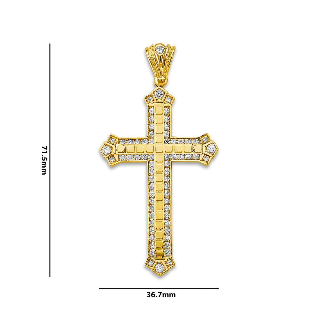 Yellow Gold CZ Bordered Square Lined Pattern Patonce Cross Pendant with Measurement