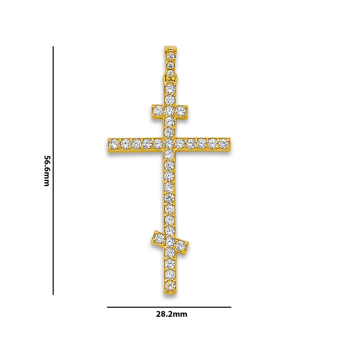 Yellow Gold CZ Studded Orthodox Cross Pendant with Measurement