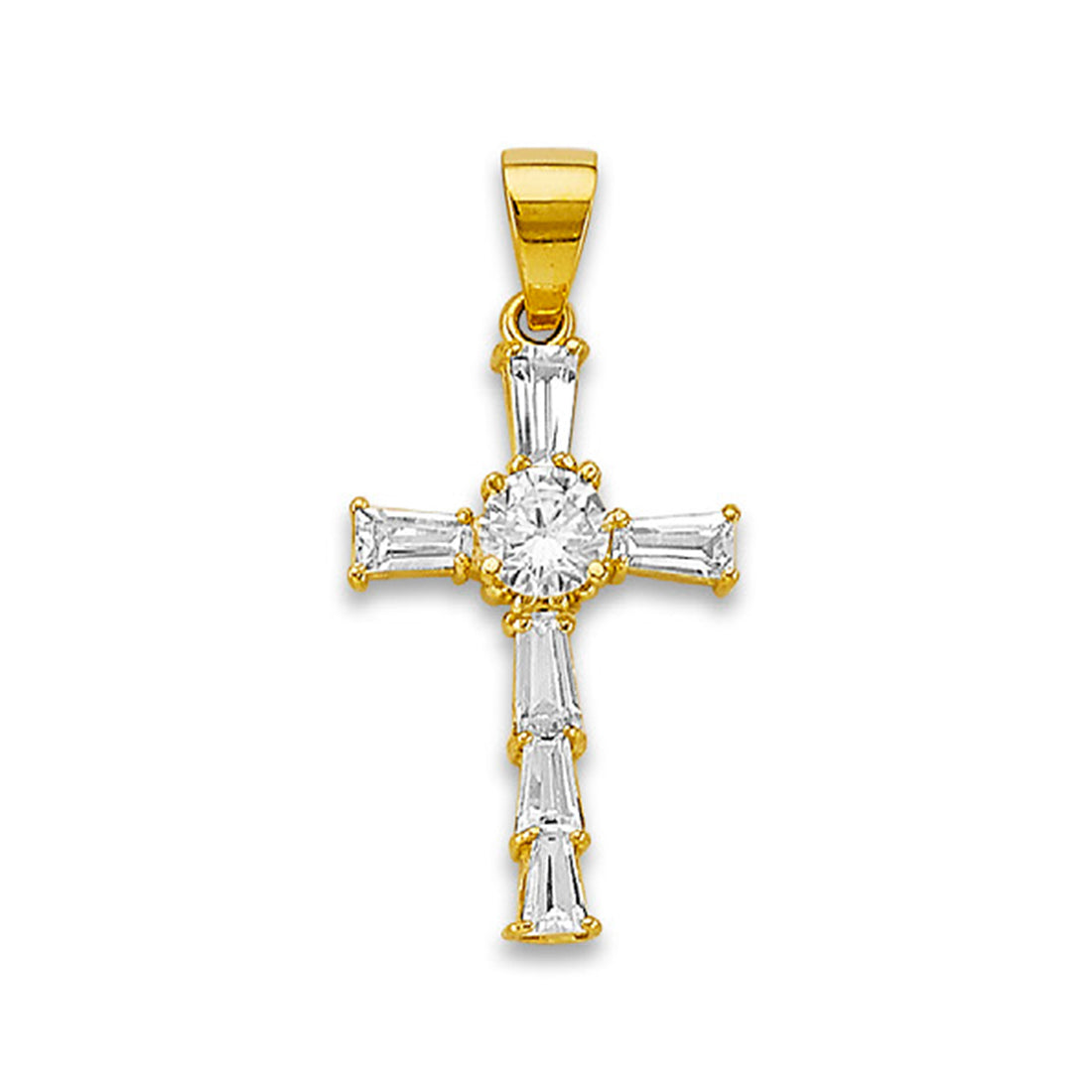 Yellow Gold Round &amp; Baguette Cut CZ Cross Pendant