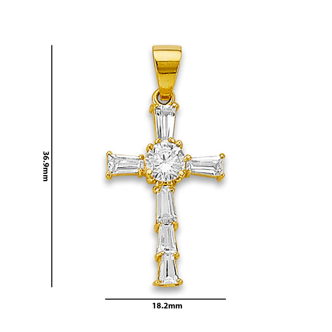 Yellow Gold Round &amp; Baguette Cut CZ Cross Pendant with Measurement