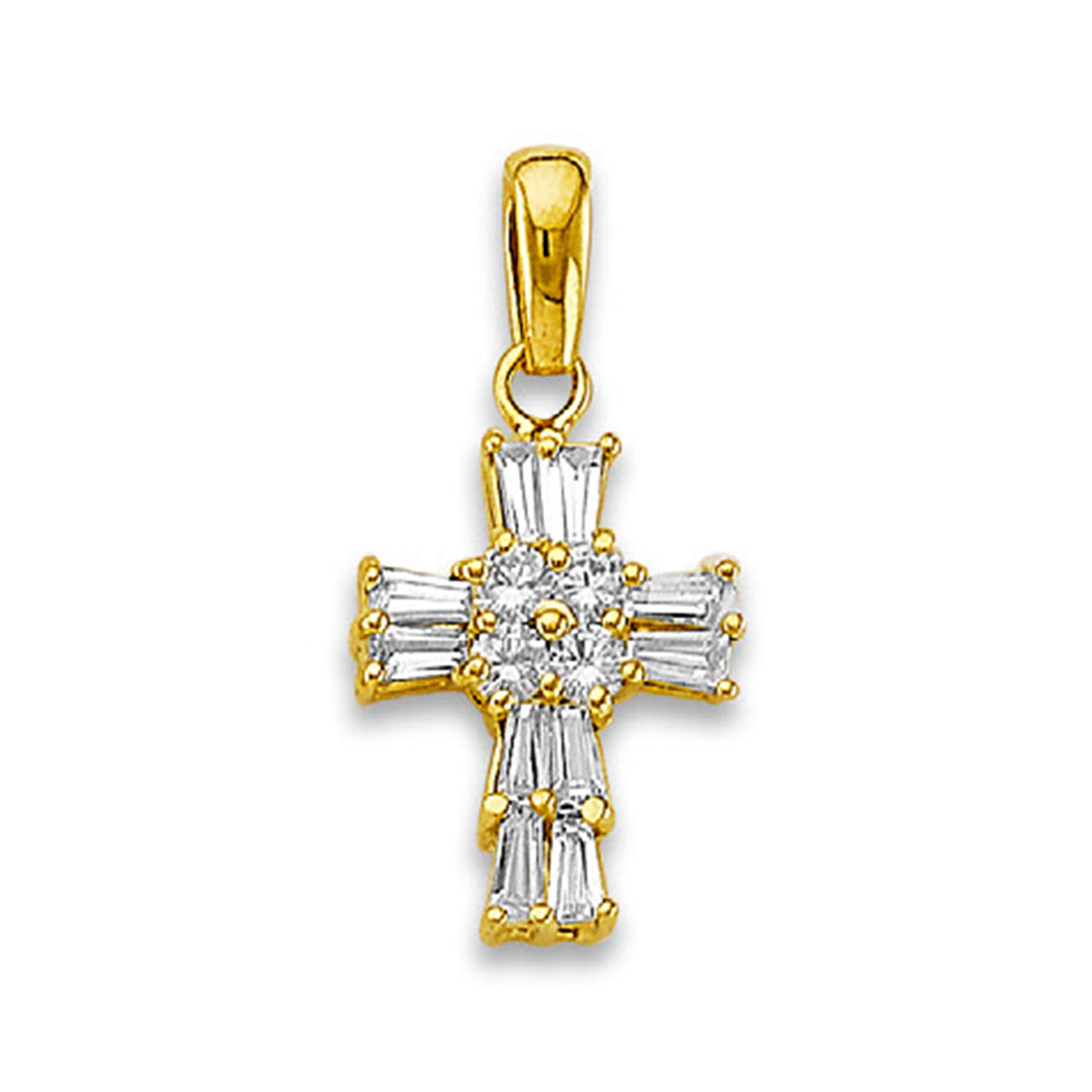 Yellow Gold Dual Row Round &amp; Baguette Cut CZ Cross Pendant