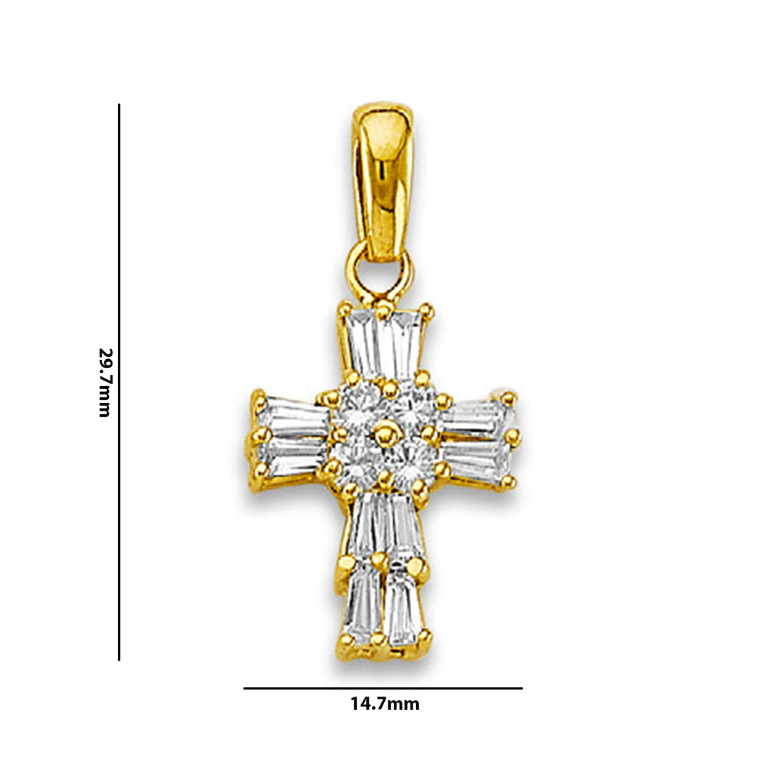 Yellow Gold Dual Row Round &amp; Baguette Cut CZ Cross Pendant with Measurement