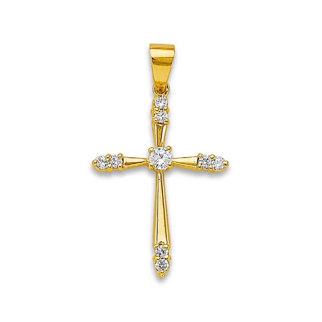 Yellow Gold Round Cut CZ Center &amp; Ends Pointed Cross Pendant