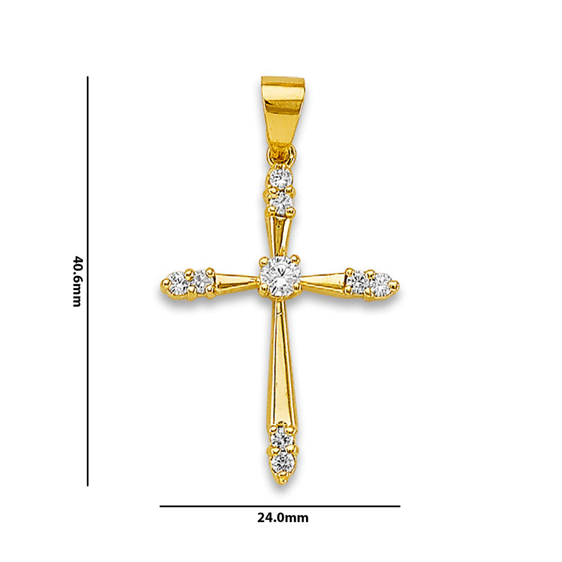 Yellow Gold Round Cut CZ Center &amp; Ends Pointed Cross Pendant with Measurement