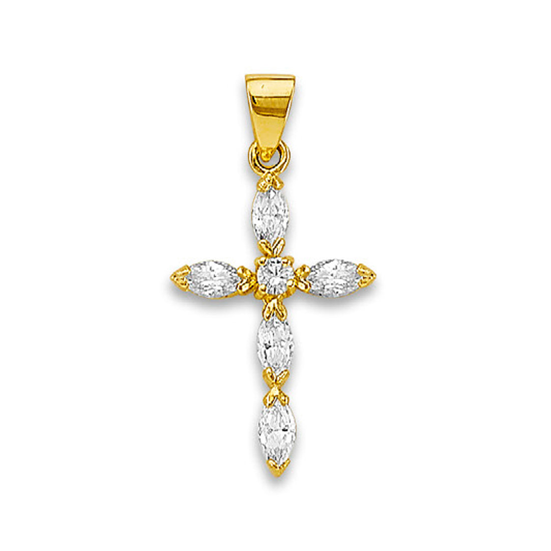 Yellow Gold Marquise Cut CZ with Round Cut CZ Center Pointed Cross Pendant