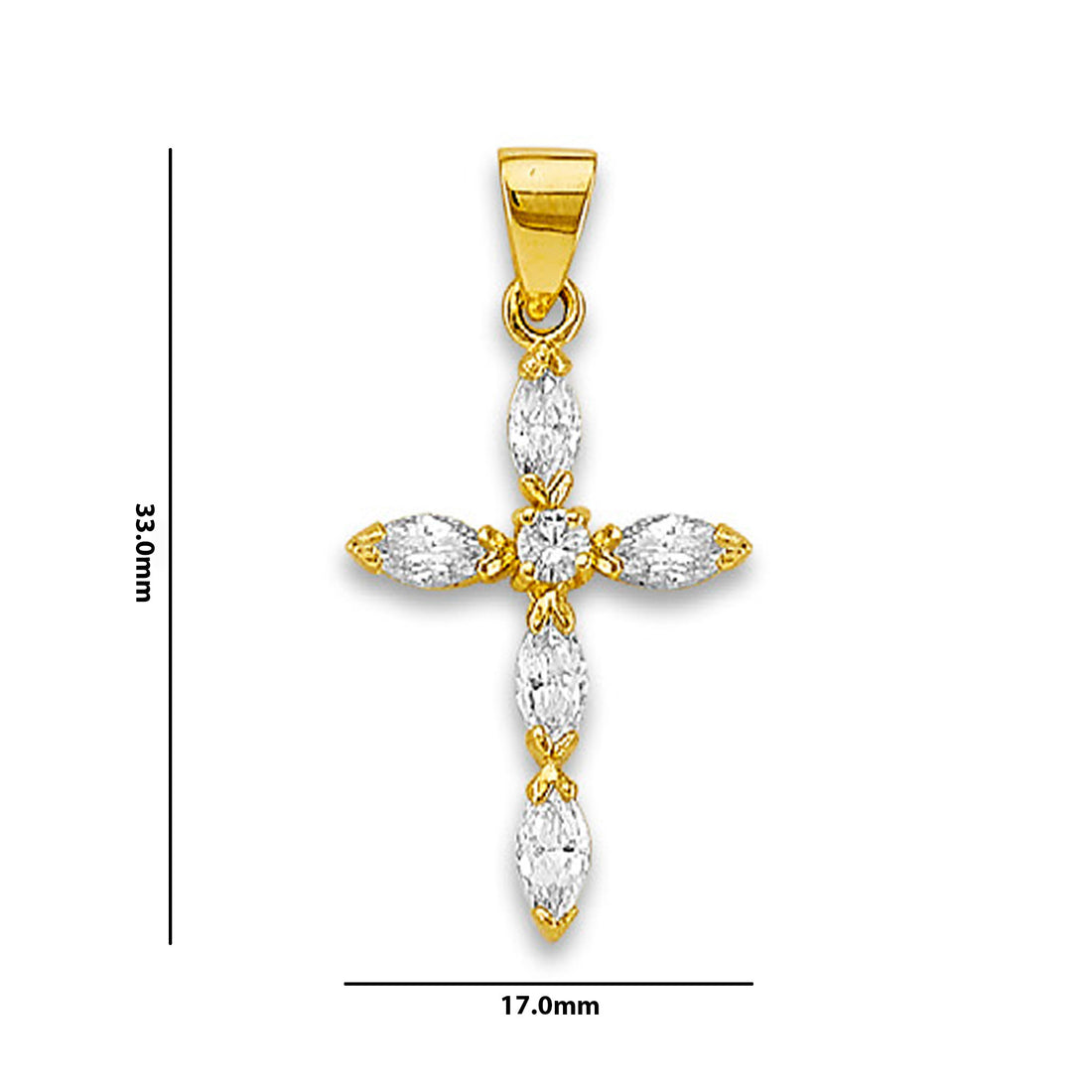 Yellow Gold Marquise Cut CZ with Round Cut CZ Center Pointed Cross Pendant with Measurement