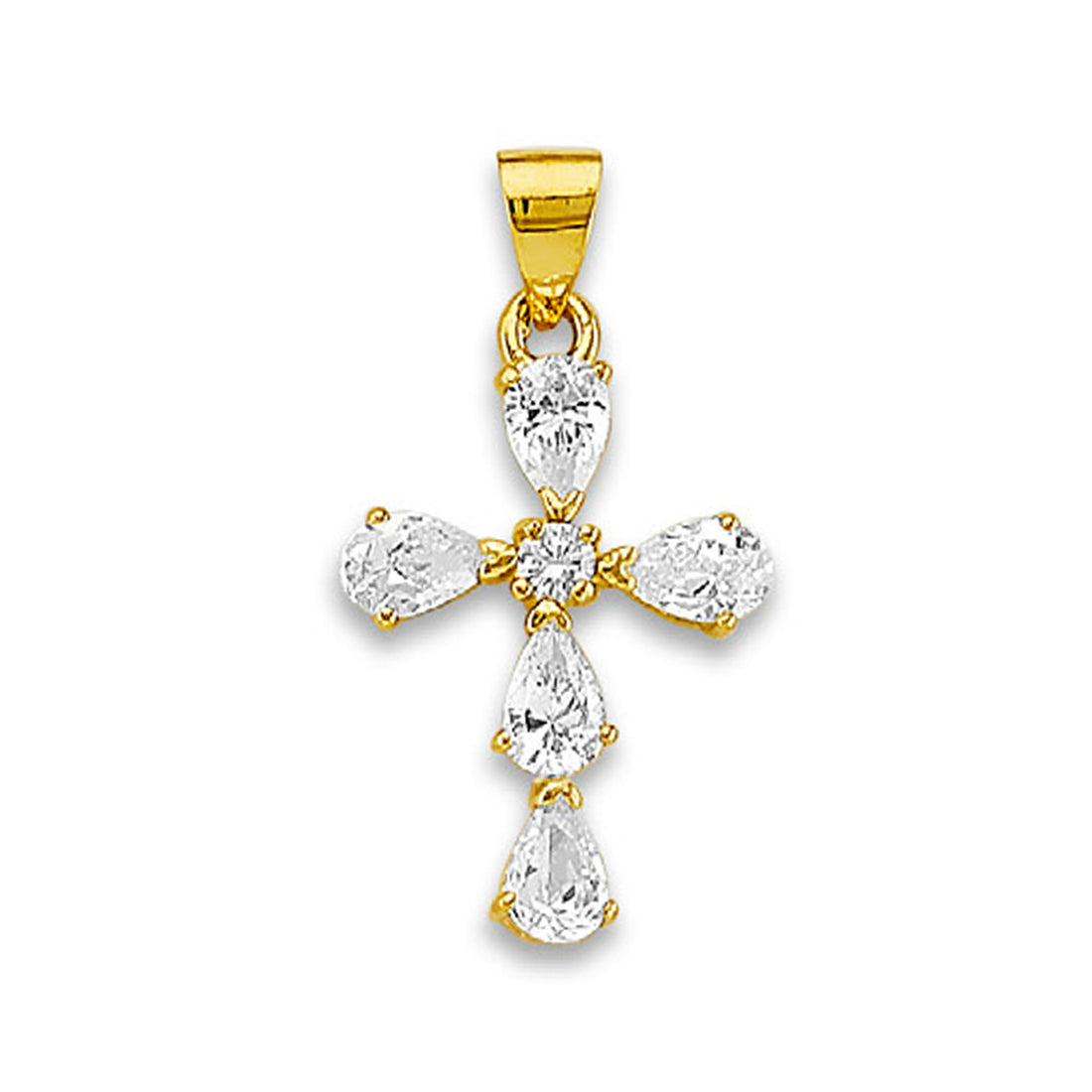 Yellow Gold Pear Cut CZ with Round Cut CZ Center Cross Pendant