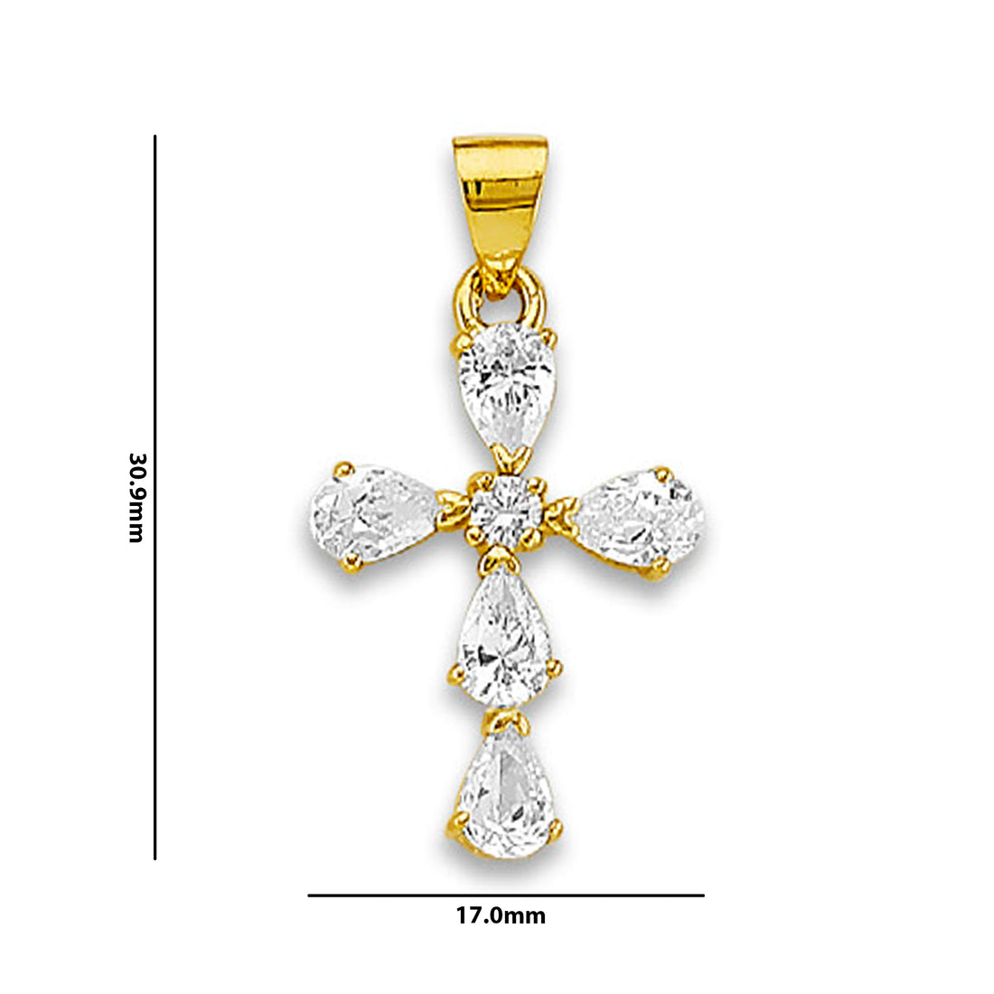 Yellow Gold Pear Cut CZ with Round Cut CZ Center Cross Pendant with Measurement