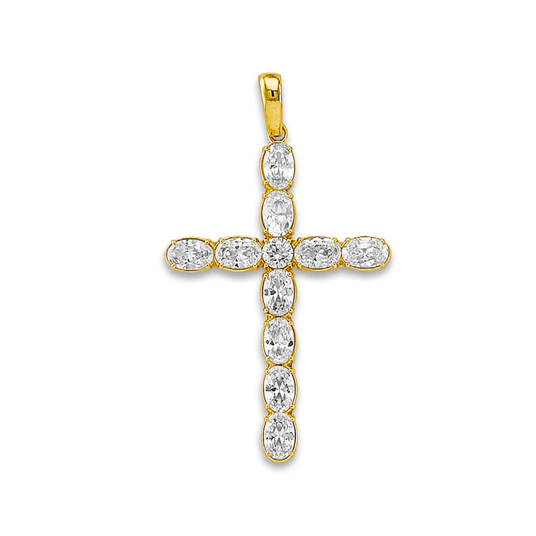 Yellow Gold Oval Cut CZ with Round Cut CZ Center Cross Pendant