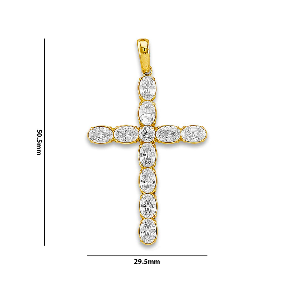 Yellow Gold Oval Cut CZ with Round Cut CZ Center Cross Pendant with Measurement