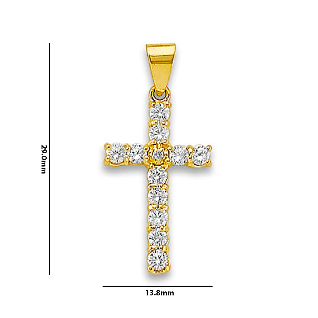 Yellow Gold Small Center Round Cut CZ Cross Pendant with Measurement