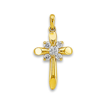 Yellow Gold Round Cut CZ Accented Cross Pendant