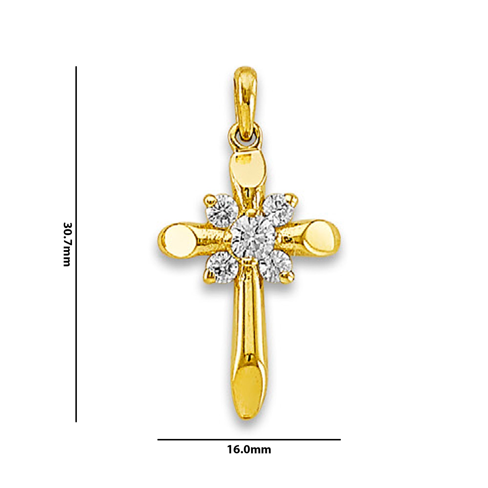 Yellow Gold Round Cut CZ Accented Cross Pendant with Measurement