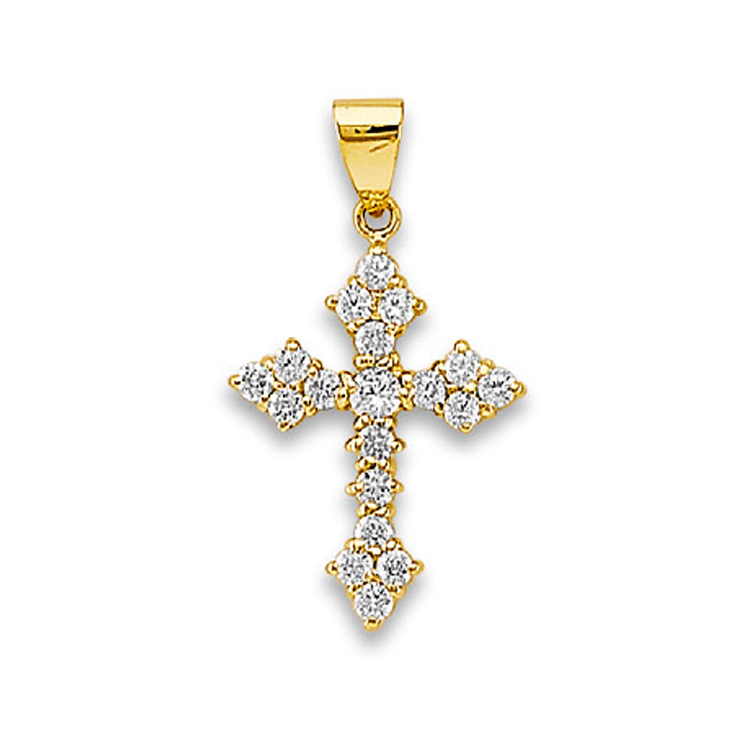 Yellow Gold Round Cut CZ Arrowhead Ends Cross Pendant